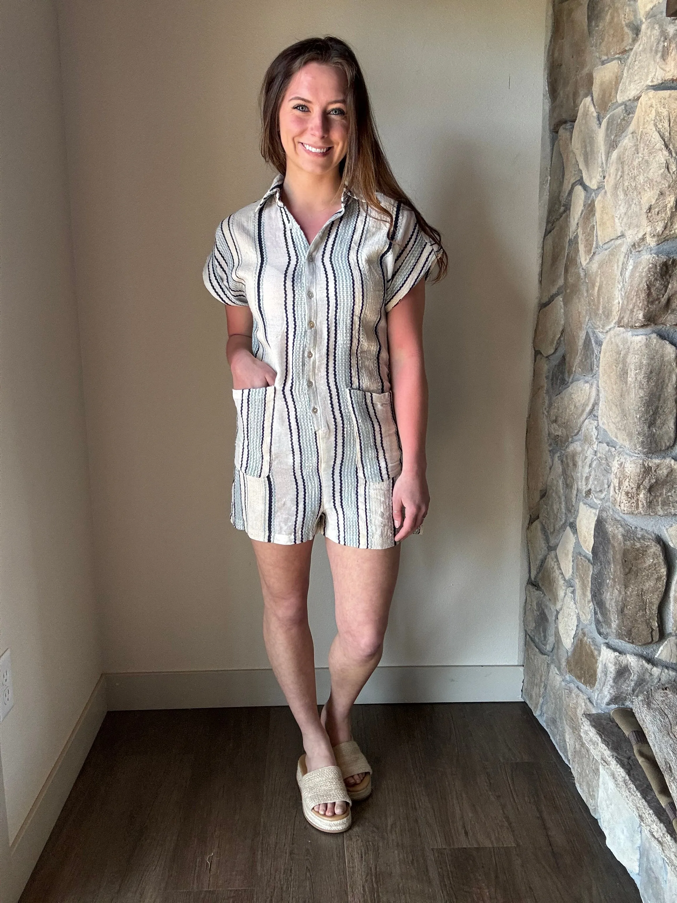 natural blue stripe romper