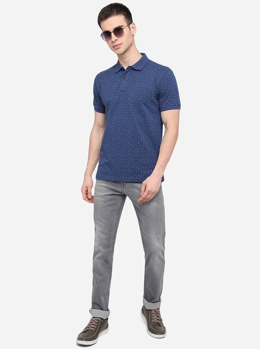 Navy Blue Printed Slim Fit Polo T-Shirt | Greenfibre