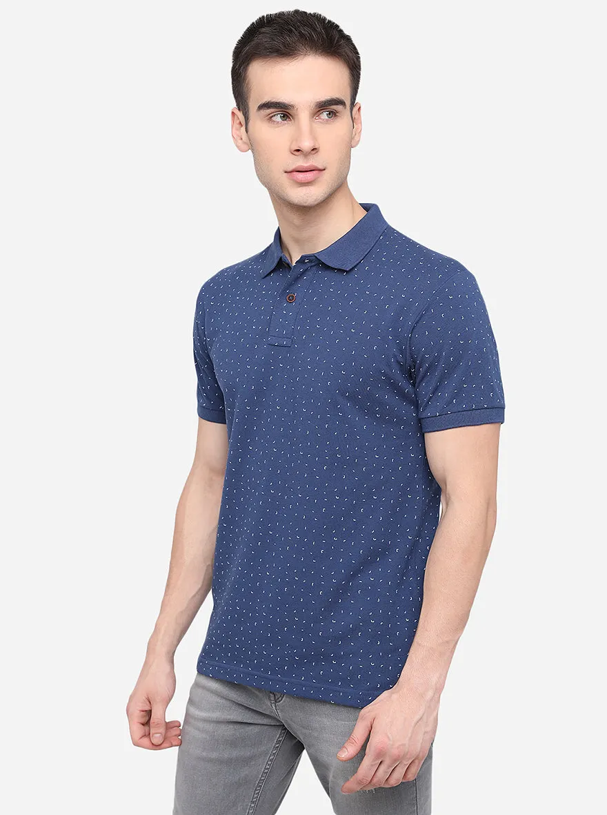 Navy Blue Printed Slim Fit Polo T-Shirt | Greenfibre