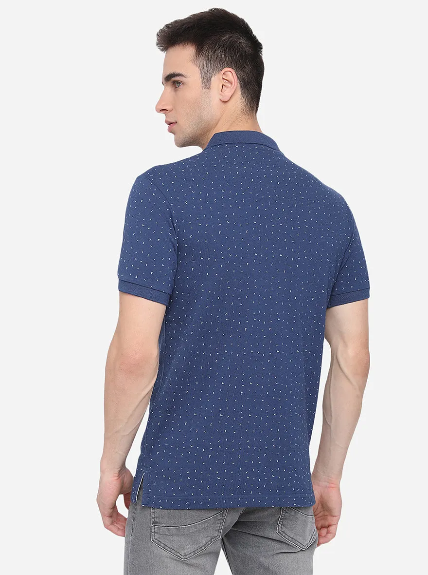 Navy Blue Printed Slim Fit Polo T-Shirt | Greenfibre