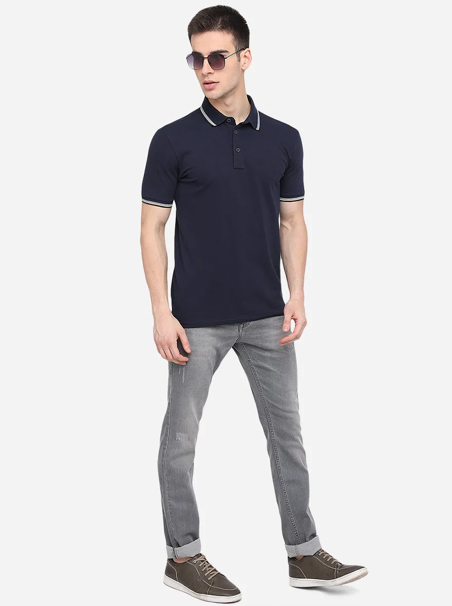 Navy Blue Solid Slim Fit Polo T-Shirt | JadeBlue