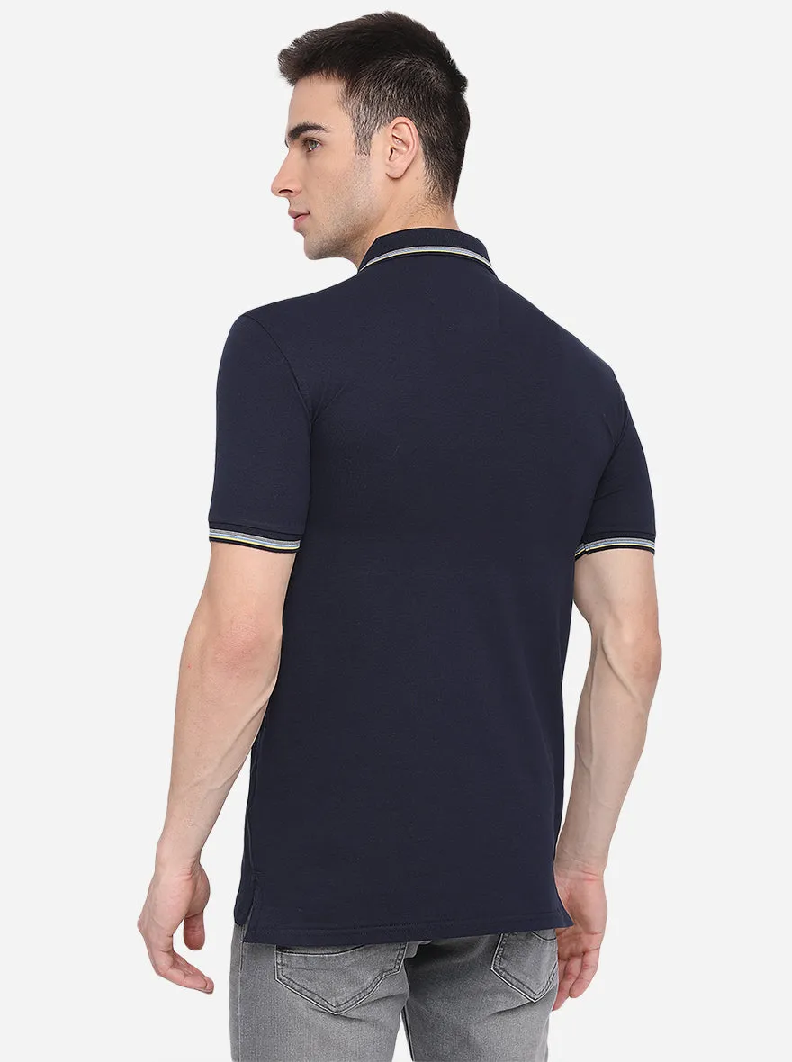 Navy Blue Solid Slim Fit Polo T-Shirt | JadeBlue
