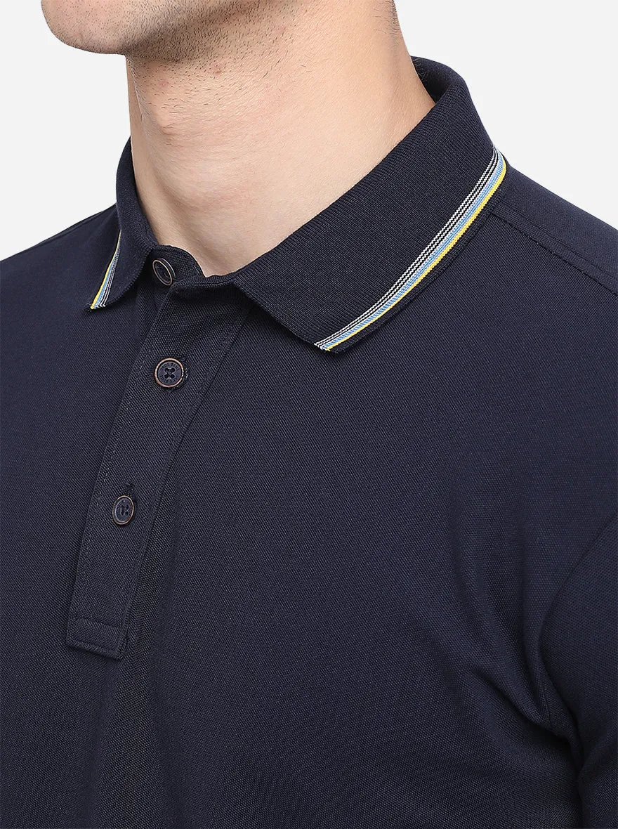 Navy Blue Solid Slim Fit Polo T-Shirt | JadeBlue