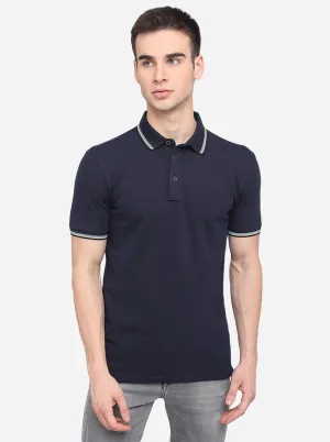 Navy Blue Solid Slim Fit Polo T-Shirt | JadeBlue