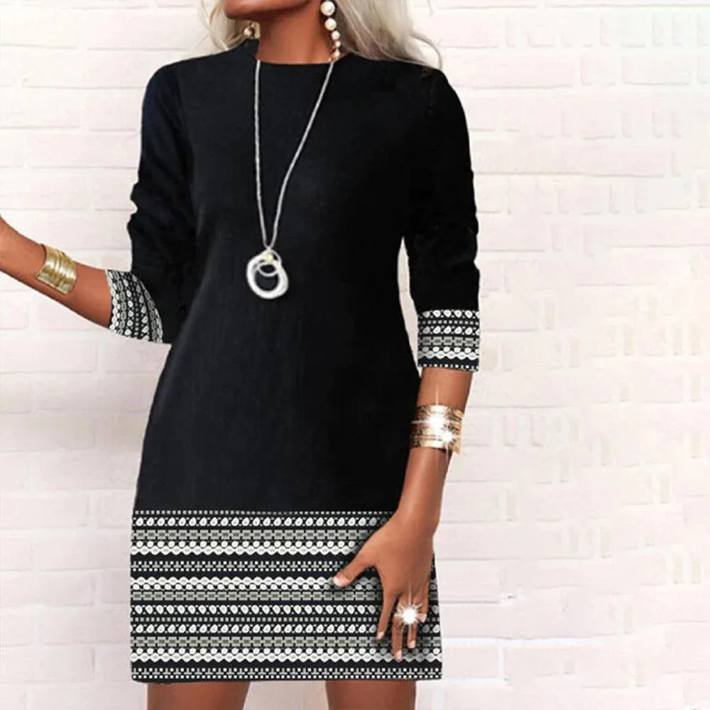 NEW Bovuf Black and White Aztec Print Trim Long Sleeve Mini Dress, Sz L! Retails $46 