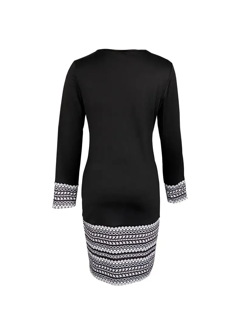 NEW Bovuf Black and White Aztec Print Trim Long Sleeve Mini Dress, Sz L! Retails $46 