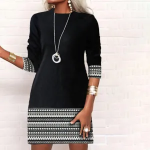 NEW Bovuf Black and White Aztec Print Trim Long Sleeve Mini Dress, Sz L! Retails $46 