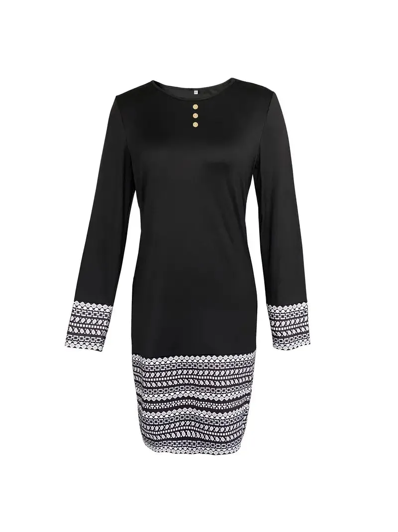 NEW Bovuf Black and White Aztec Print Trim Long Sleeve Mini Dress, Sz L! Retails $46 