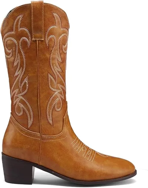 NEW PAUVAODY Classic Women's Western Boots Mid Calf Block Heel, Women's Sz 7, Retails $60