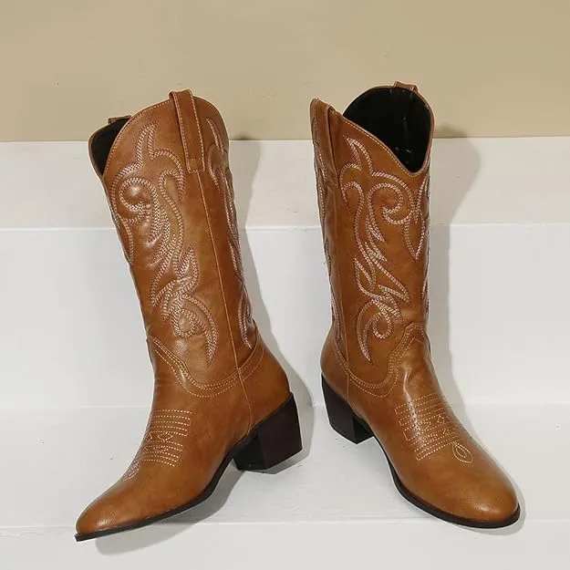 NEW PAUVAODY Classic Women's Western Boots Mid Calf Block Heel, Women's Sz 7, Retails $60