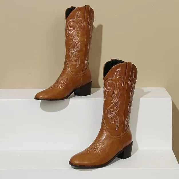 NEW PAUVAODY Classic Women's Western Boots Mid Calf Block Heel, Women's Sz 7, Retails $60