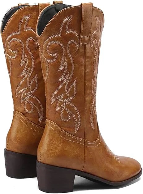 NEW PAUVAODY Classic Women's Western Boots Mid Calf Block Heel, Women's Sz 7, Retails $60