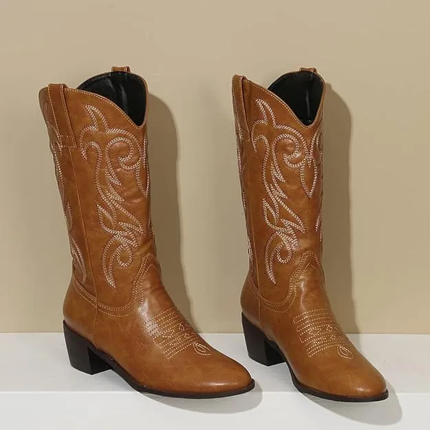 NEW PAUVAODY Classic Women's Western Boots Mid Calf Block Heel, Women's Sz 7, Retails $60