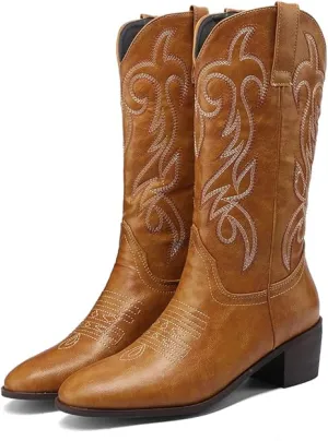 NEW PAUVAODY Classic Women's Western Boots Mid Calf Block Heel, Women's Sz 7, Retails $60