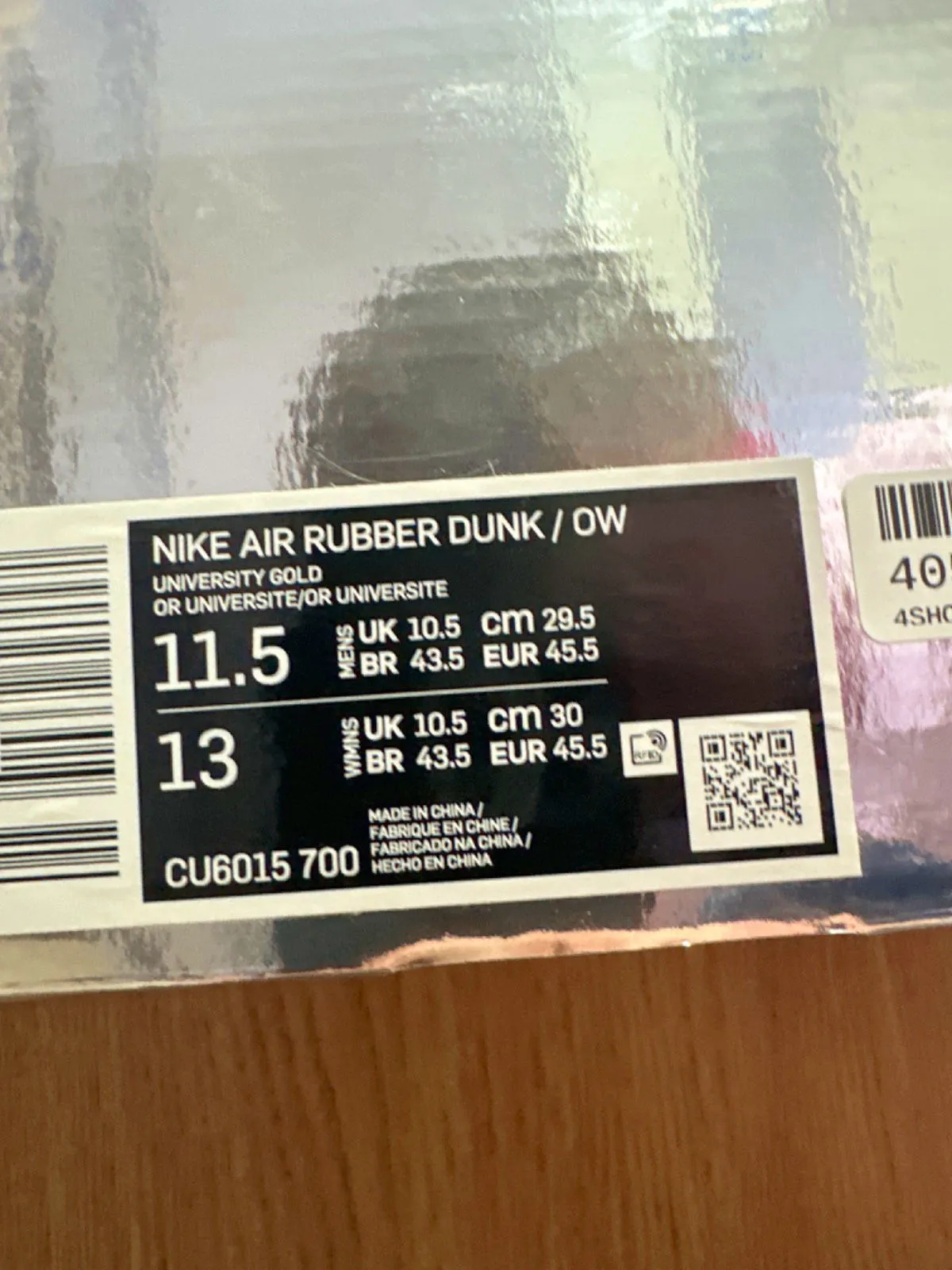 Nike CU6015 Air Rubber Dunk OW University Gold Trainers UK 10.5 👟