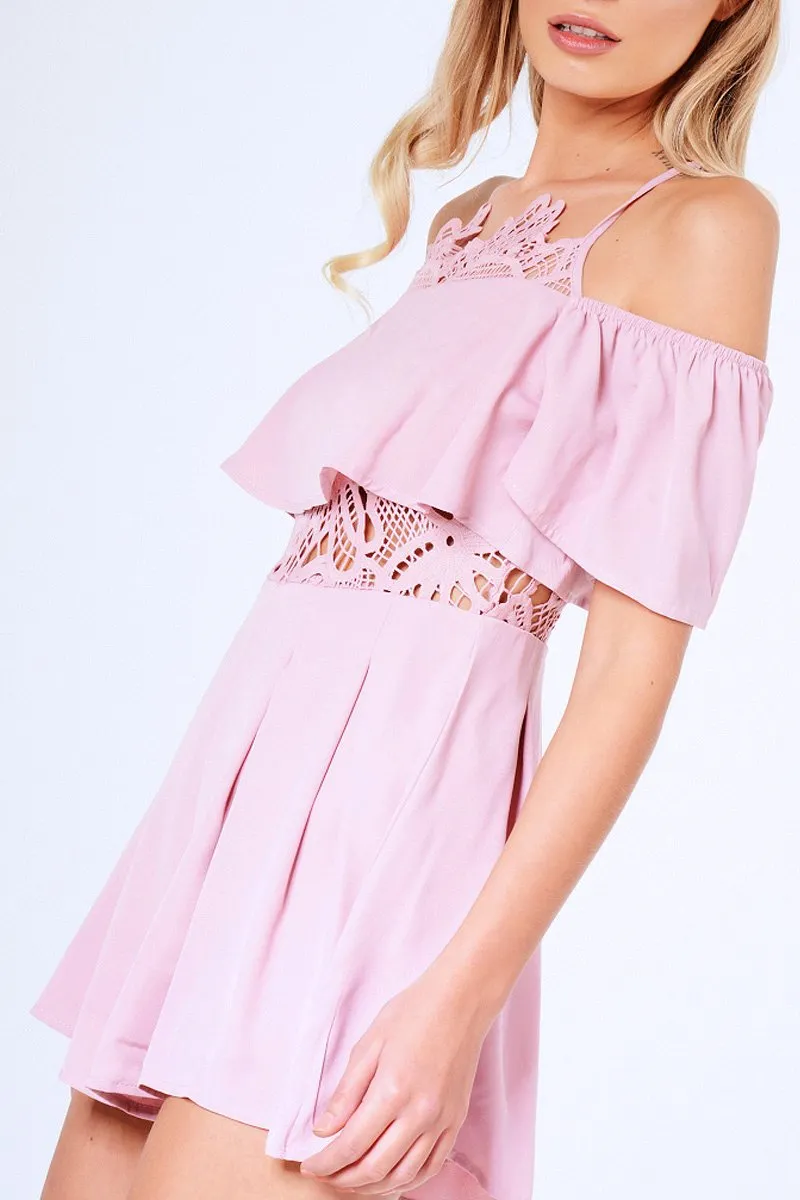 Pink Bardot Crochet Frill Playsuit - Jenner