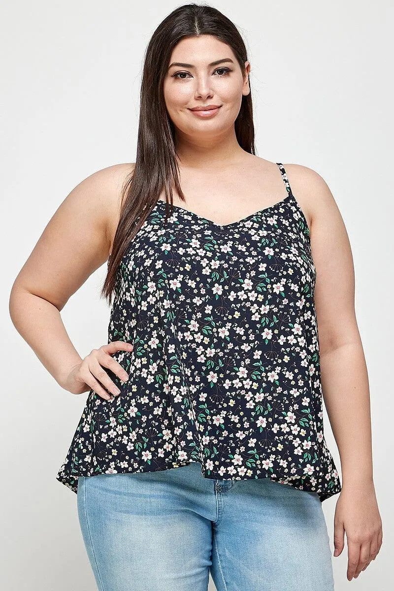 Plus Size Navy Blue Ditsy Floral Spaghetti Strap Cami Top