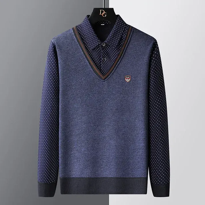 Polozin - Heren V-Hals Trui met Polka Dot Overhemdkraag, Casual Business Pullover