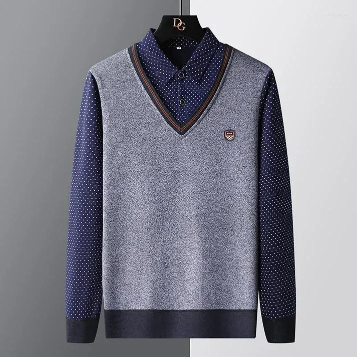 Polozin - Heren V-Hals Trui met Polka Dot Overhemdkraag, Casual Business Pullover