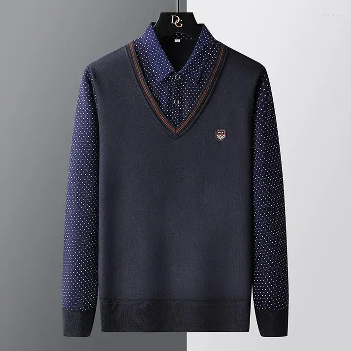 Polozin - Heren V-Hals Trui met Polka Dot Overhemdkraag, Casual Business Pullover