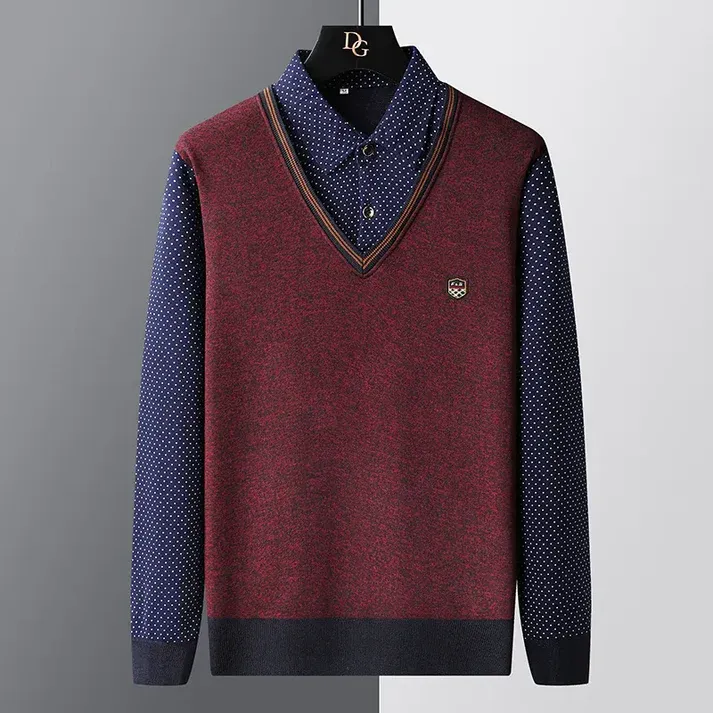 Polozin - Heren V-Hals Trui met Polka Dot Overhemdkraag, Casual Business Pullover
