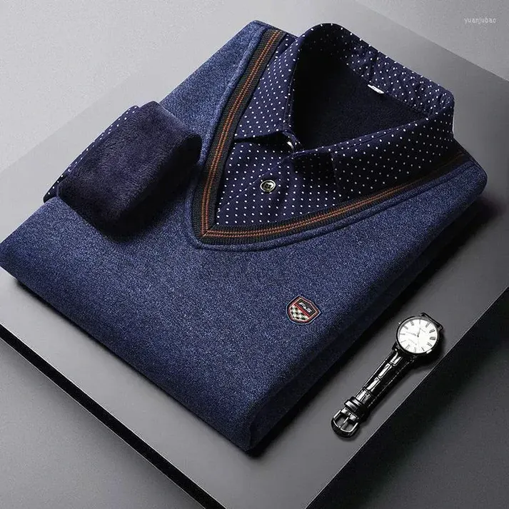Polozin - Heren V-Hals Trui met Polka Dot Overhemdkraag, Casual Business Pullover