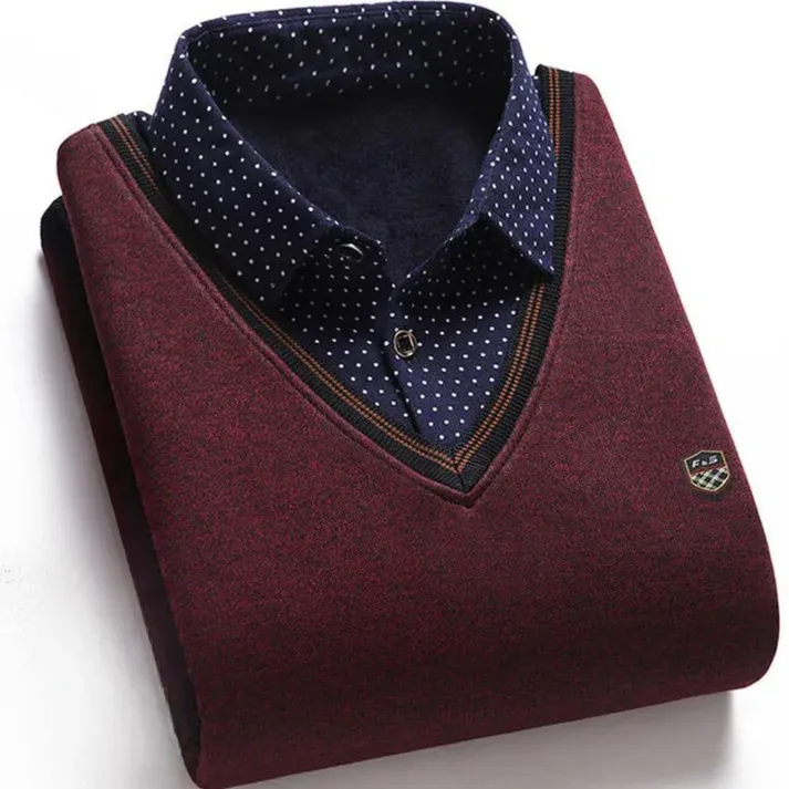 Polozin - Heren V-Hals Trui met Polka Dot Overhemdkraag, Casual Business Pullover