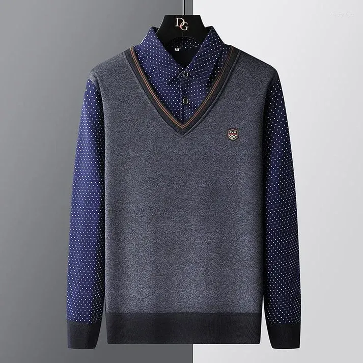 Polozin - Heren V-Hals Trui met Polka Dot Overhemdkraag, Casual Business Pullover