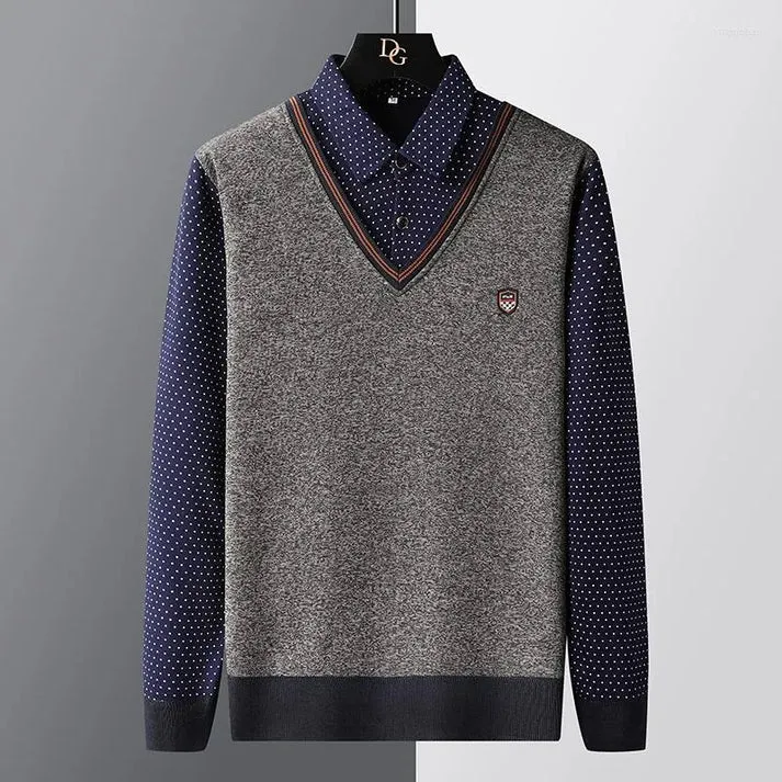 Polozin - Heren V-Hals Trui met Polka Dot Overhemdkraag, Casual Business Pullover