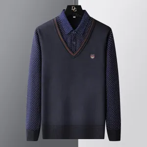 Polozin - Heren V-Hals Trui met Polka Dot Overhemdkraag, Casual Business Pullover