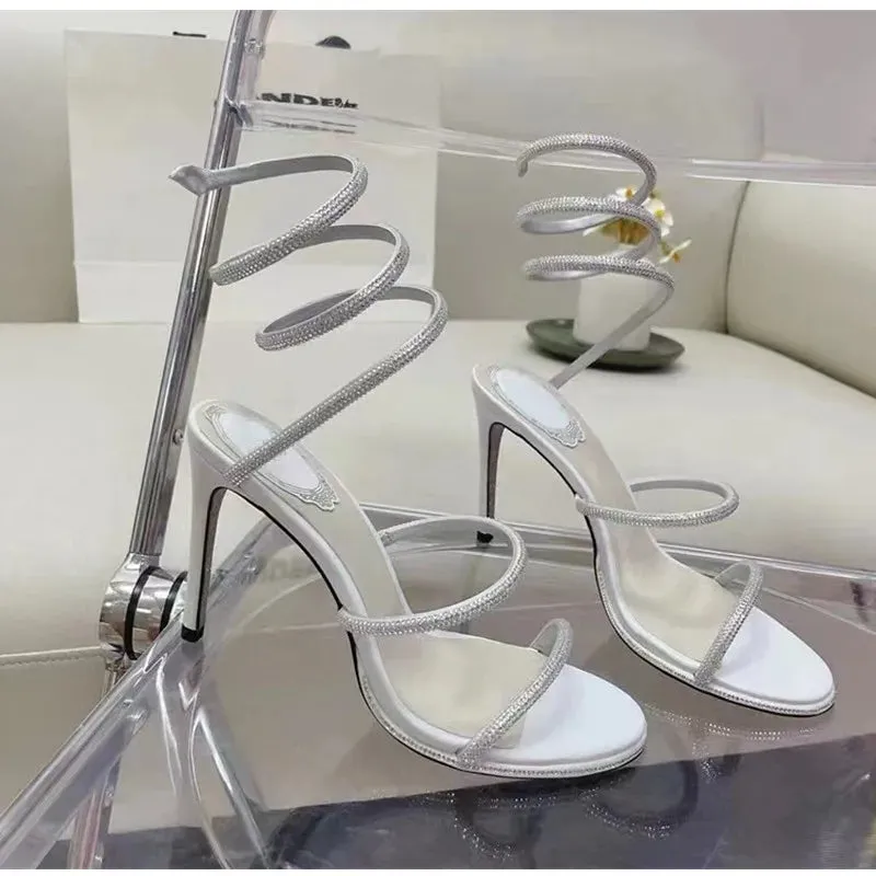 Snake Twine Around Crystal Sandals - Luxury Rhinestone Thin High Heels Gladiator Sandals, Party Prom Fashion Shoes for Women, Summer
