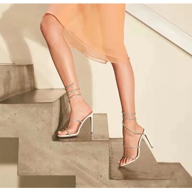 Snake Twine Around Crystal Sandals - Luxury Rhinestone Thin High Heels Gladiator Sandals, Party Prom Fashion Shoes for Women, Summer