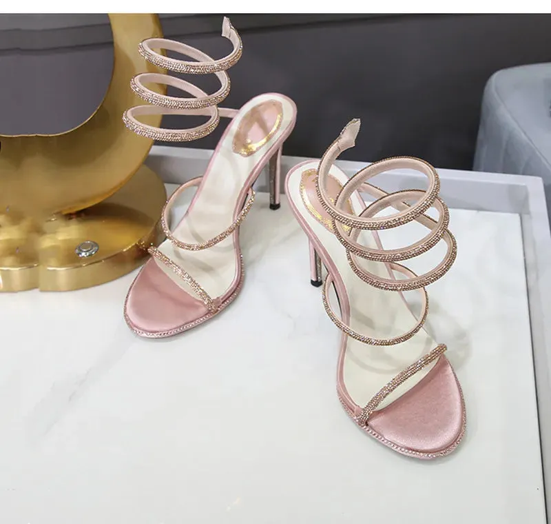 Snake Twine Around Crystal Sandals - Luxury Rhinestone Thin High Heels Gladiator Sandals, Party Prom Fashion Shoes for Women, Summer