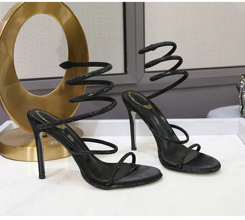 Snake Twine Around Crystal Sandals - Luxury Rhinestone Thin High Heels Gladiator Sandals, Party Prom Fashion Shoes for Women, Summer