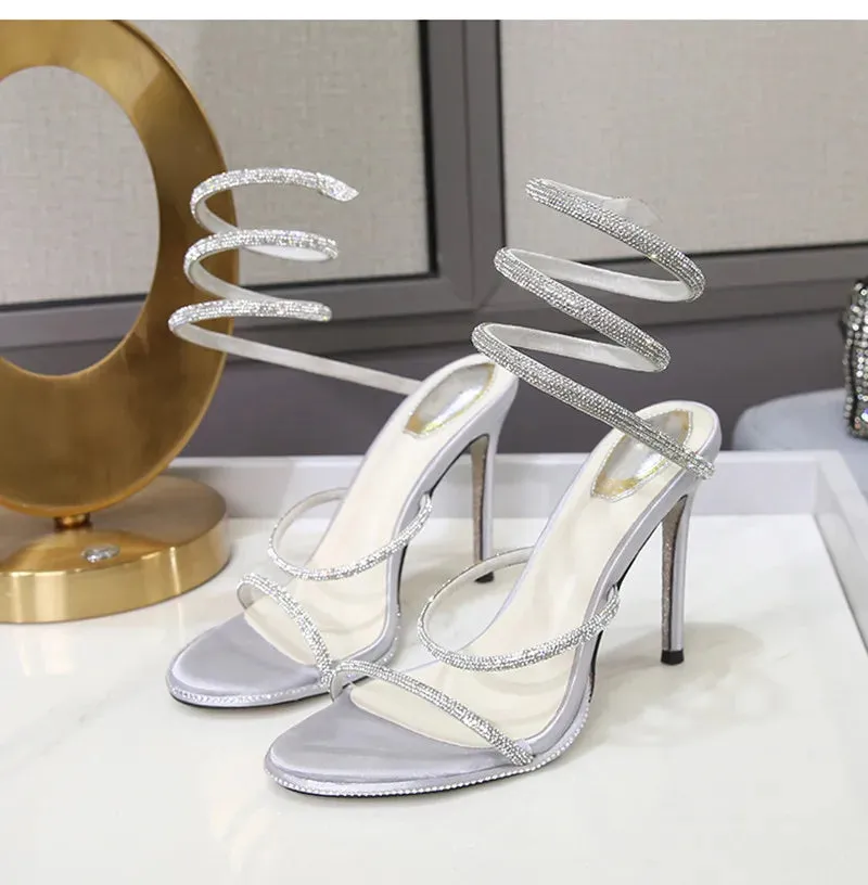 Snake Twine Around Crystal Sandals - Luxury Rhinestone Thin High Heels Gladiator Sandals, Party Prom Fashion Shoes for Women, Summer