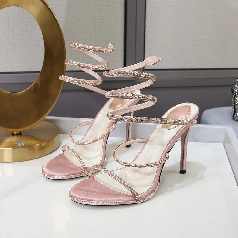 Snake Twine Around Crystal Sandals - Luxury Rhinestone Thin High Heels Gladiator Sandals, Party Prom Fashion Shoes for Women, Summer