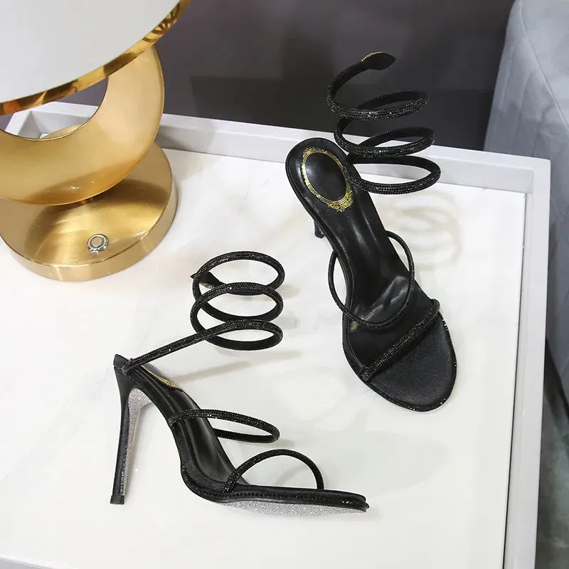 Snake Twine Around Crystal Sandals - Luxury Rhinestone Thin High Heels Gladiator Sandals, Party Prom Fashion Shoes for Women, Summer