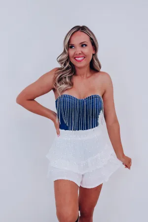 Sparkle Effect Fringe Denim Bodysuit - Dark