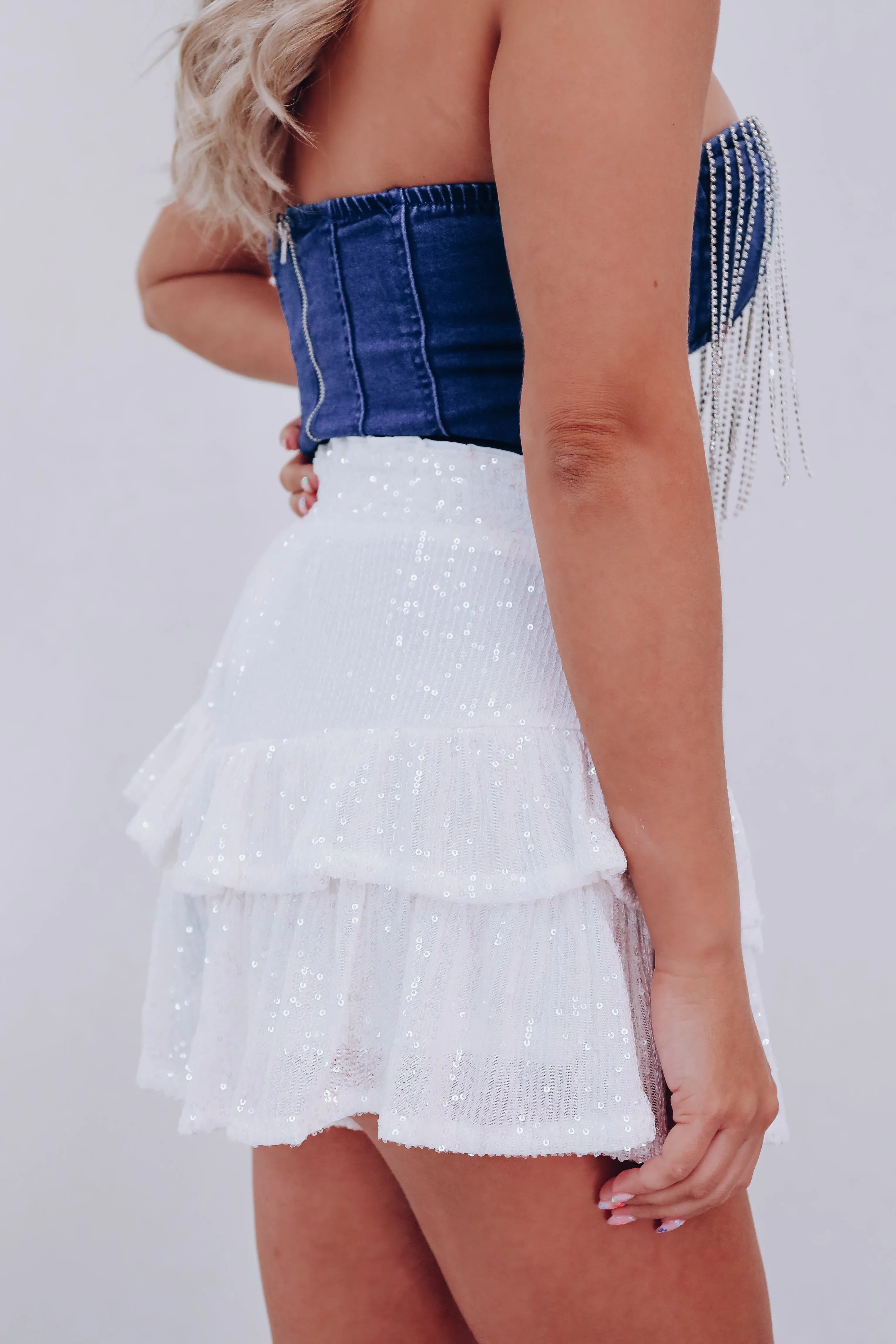 Sparkle Effect Fringe Denim Bodysuit - Dark