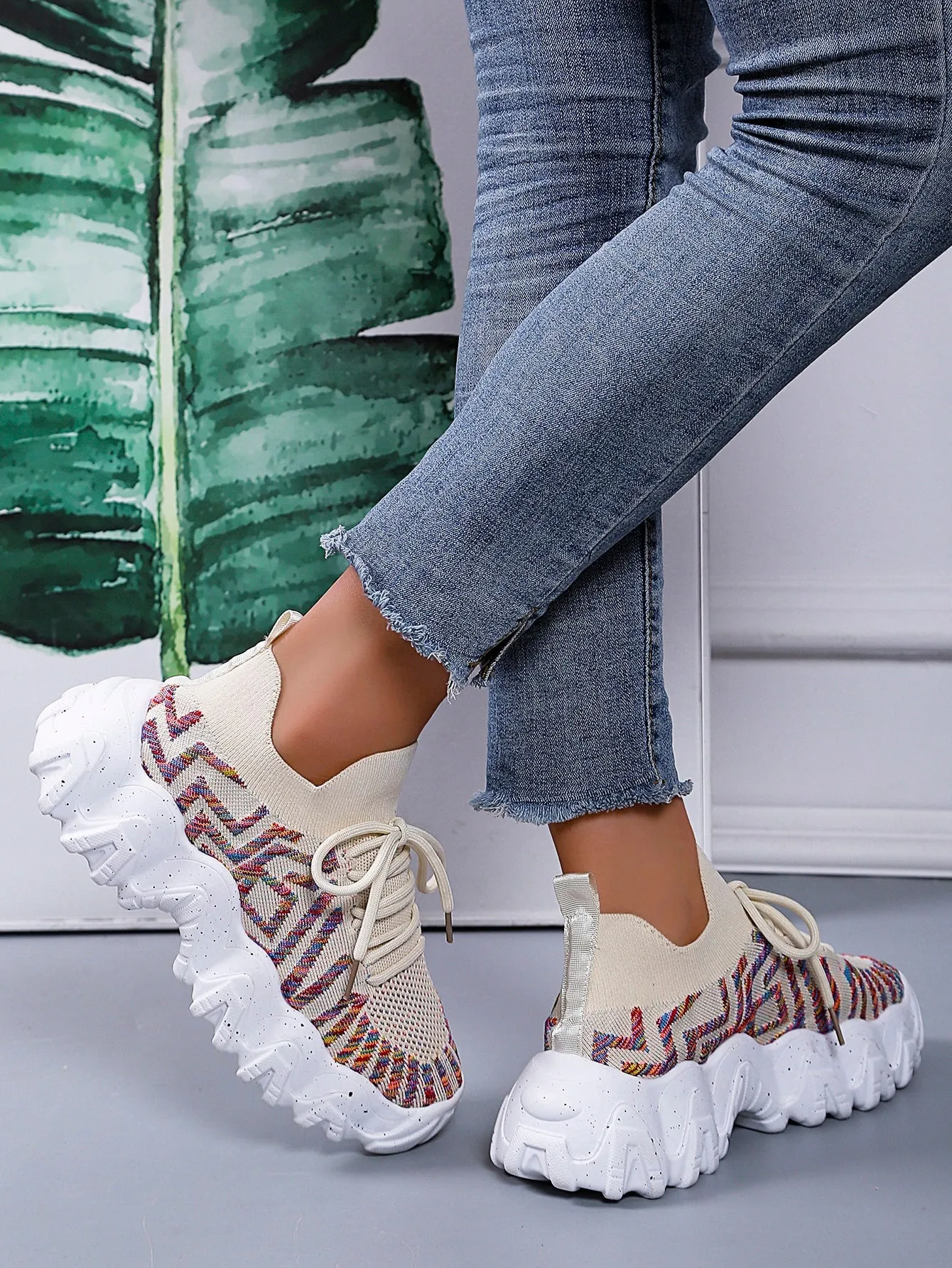 Striped Pattern Lace-up Front Chunky Sneakers - Apricot - FD ⚡