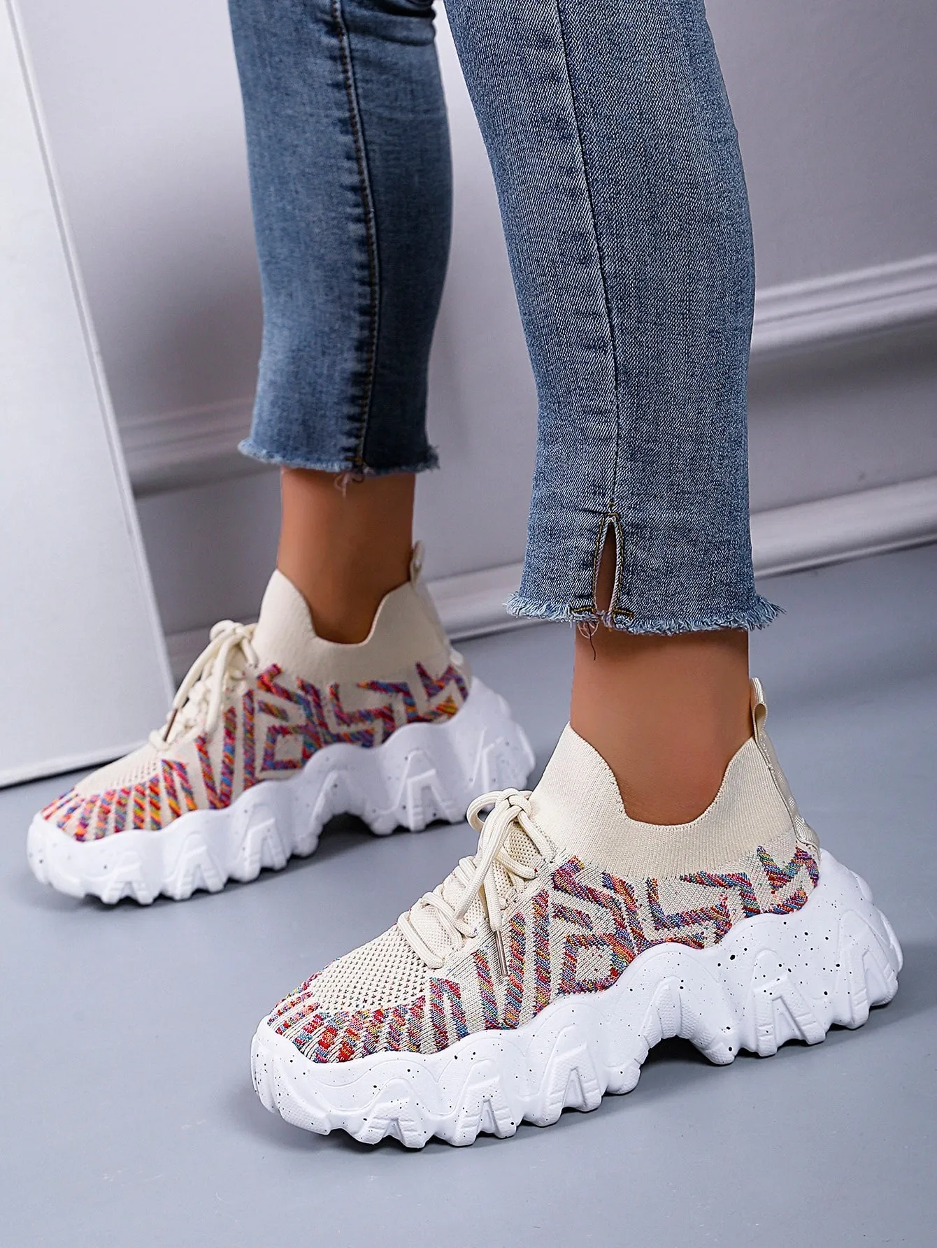 Striped Pattern Lace-up Front Chunky Sneakers - Apricot - FD ⚡