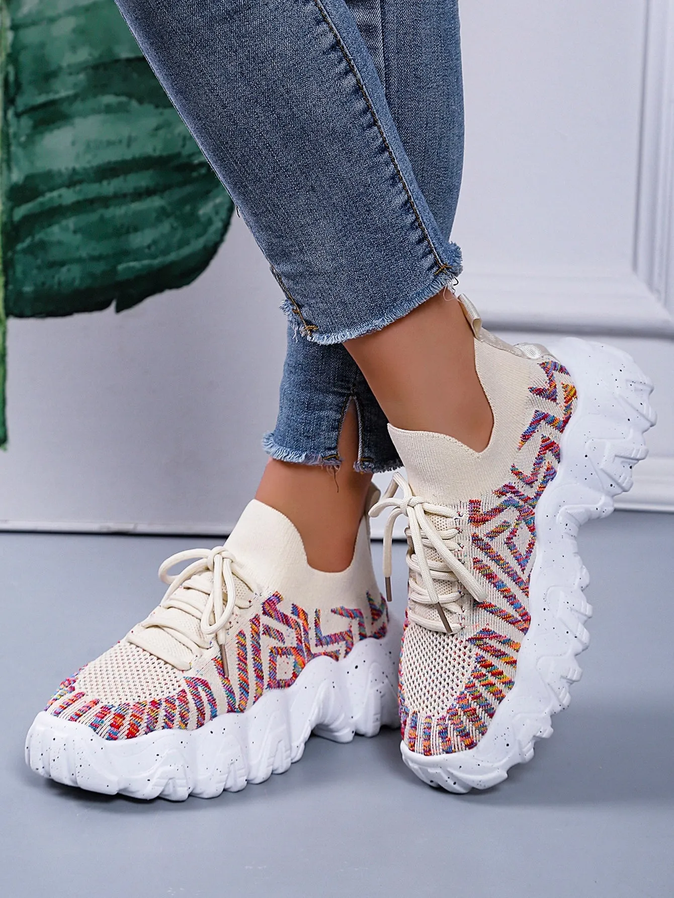 Striped Pattern Lace-up Front Chunky Sneakers - Apricot - FD ⚡