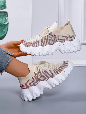 Striped Pattern Lace-up Front Chunky Sneakers - Apricot - FD ⚡