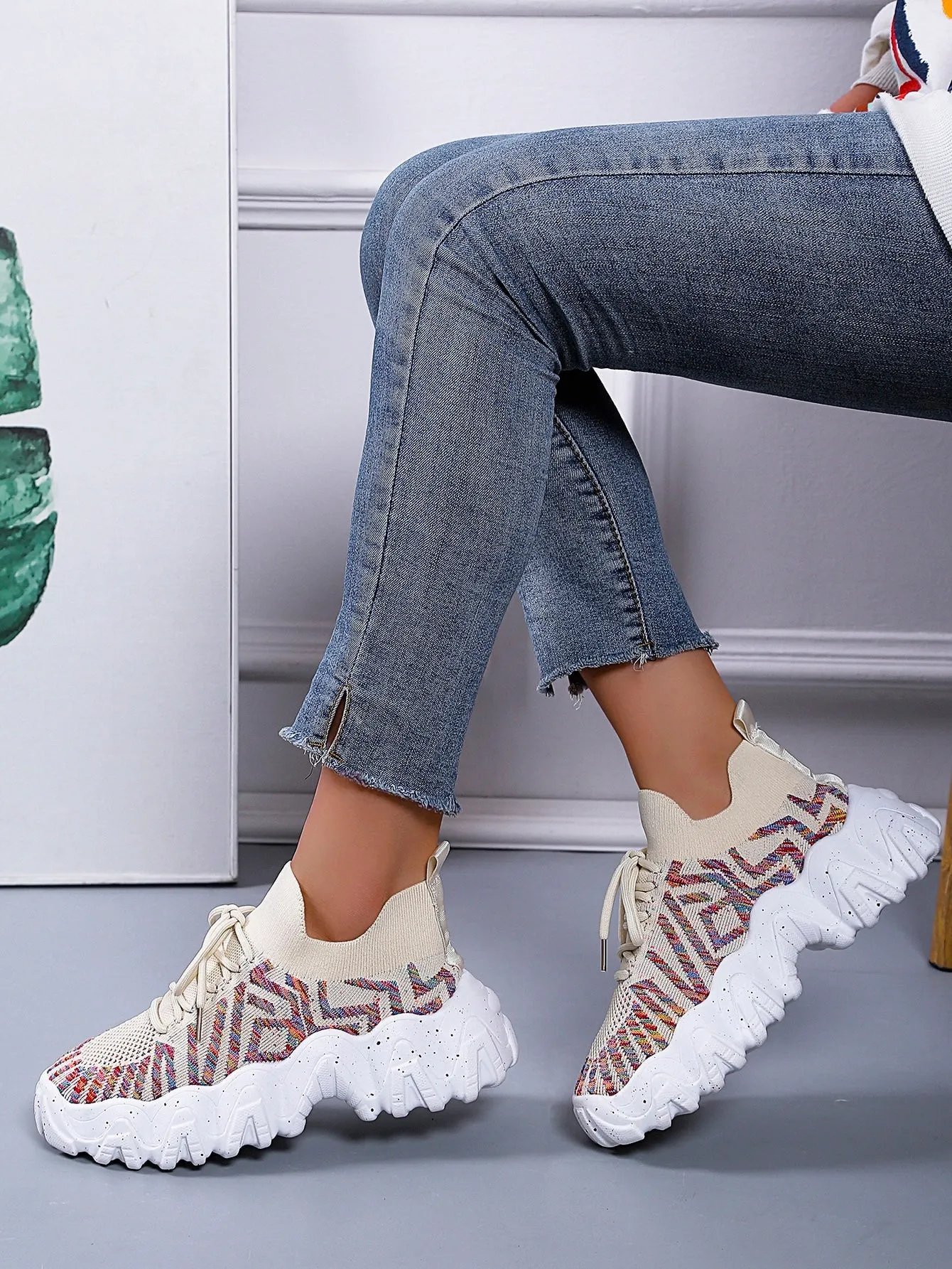 Striped Pattern Lace-up Front Chunky Sneakers - Apricot - FD ⚡
