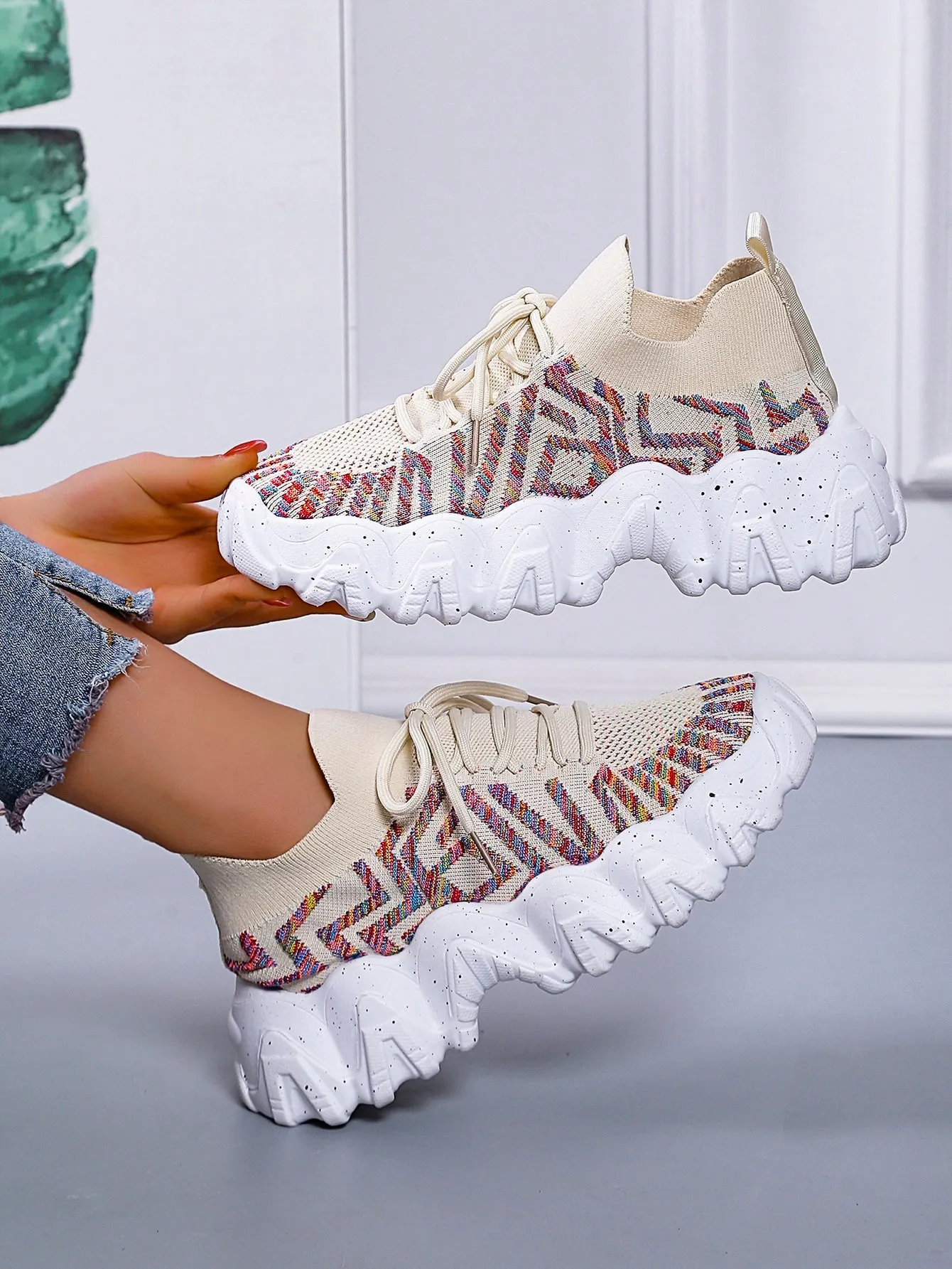 Striped Pattern Lace-up Front Chunky Sneakers - Apricot - FD ⚡