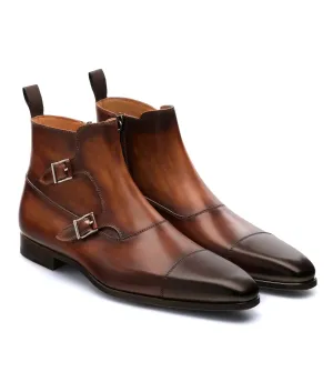 Tan Brown Leather  Monk Strap Boots - Boots