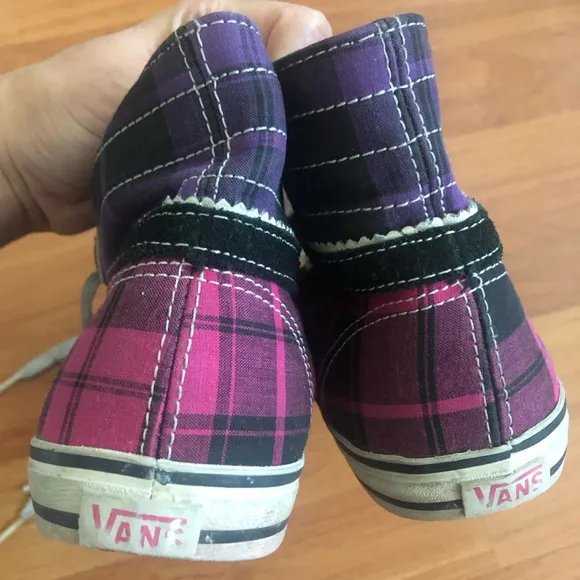 Vans off the wall high hi tops purple pink blue plaid sneakers women MISSY Sz 4