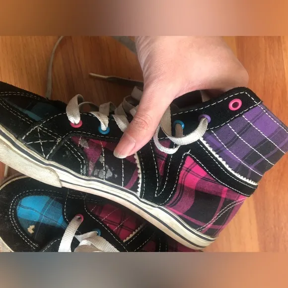 Vans off the wall high hi tops purple pink blue plaid sneakers women MISSY Sz 4