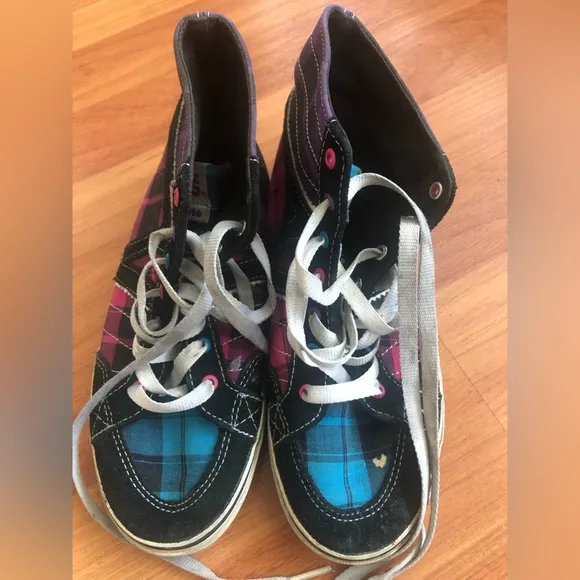Vans off the wall high hi tops purple pink blue plaid sneakers women MISSY Sz 4
