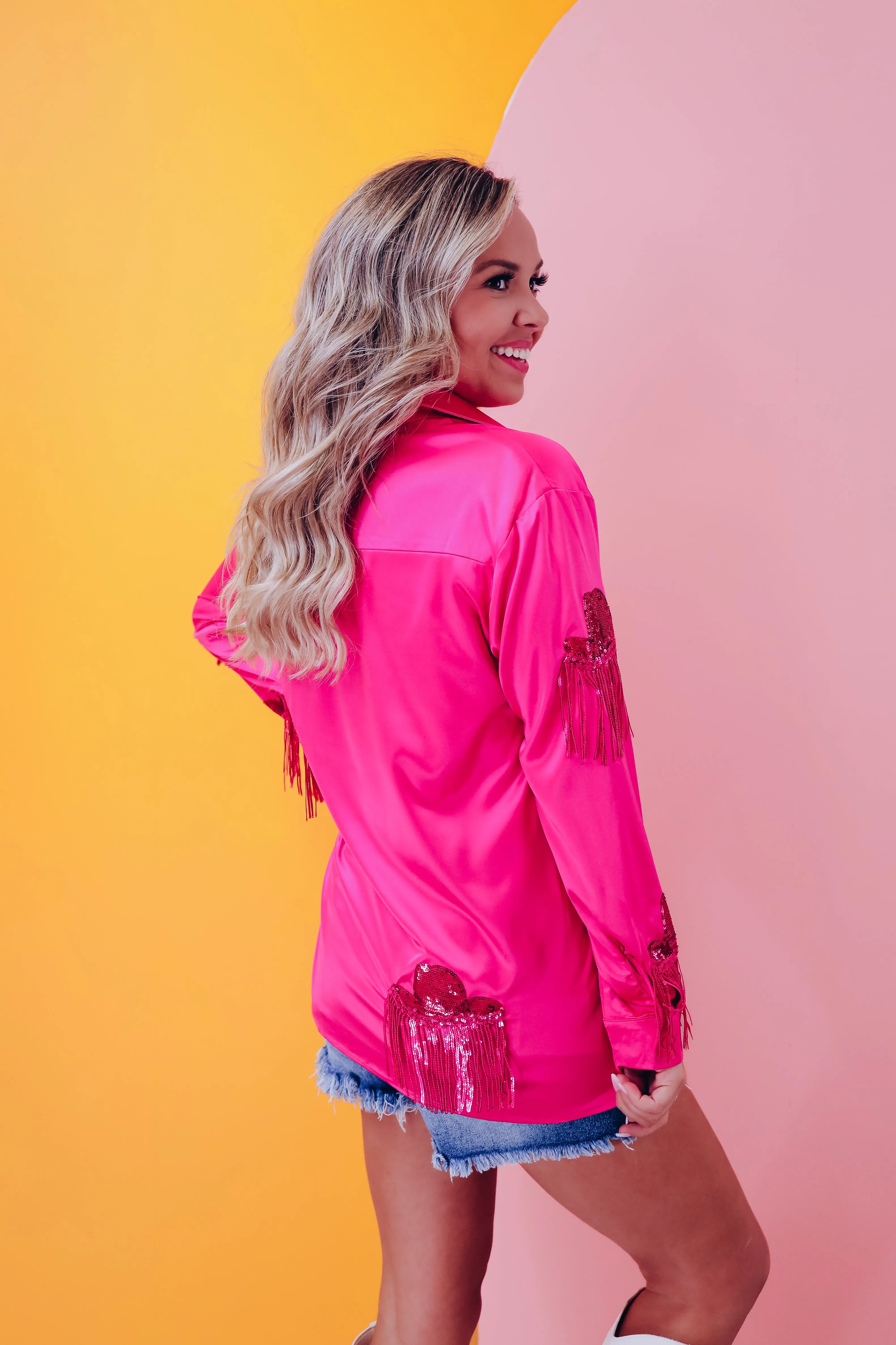 Western Bling Satin N Sequin Blouse - Pink